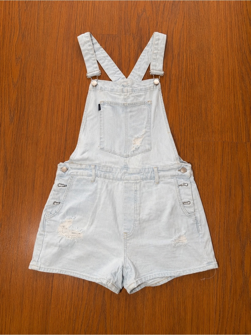 Superdry Light Wash Denim Short Overalls with Tan Leather Patch Sz 12